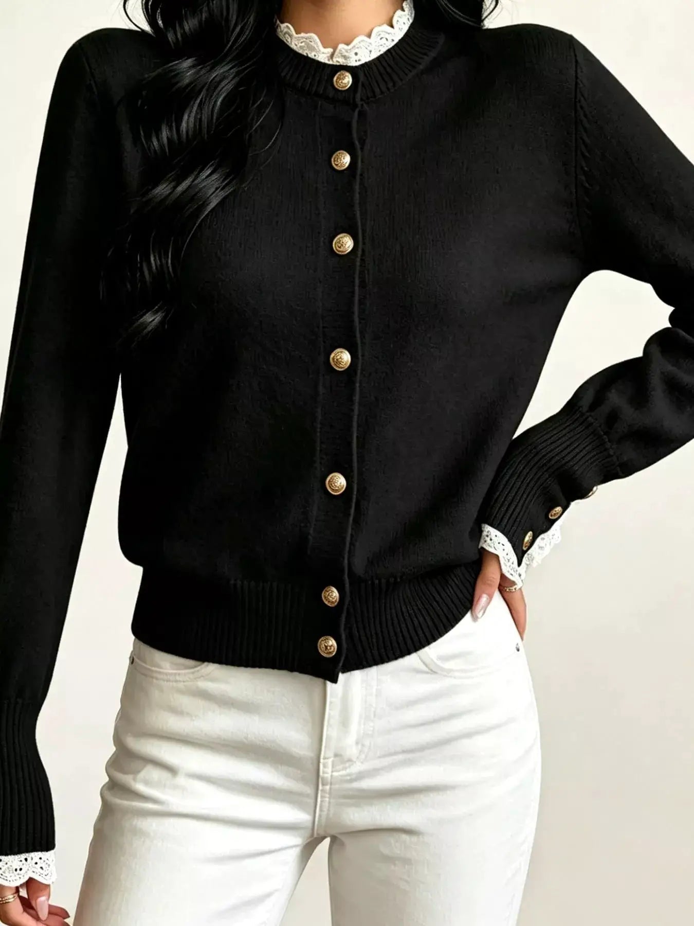 Lace Trim Mock Neck Sweater by Trendsi