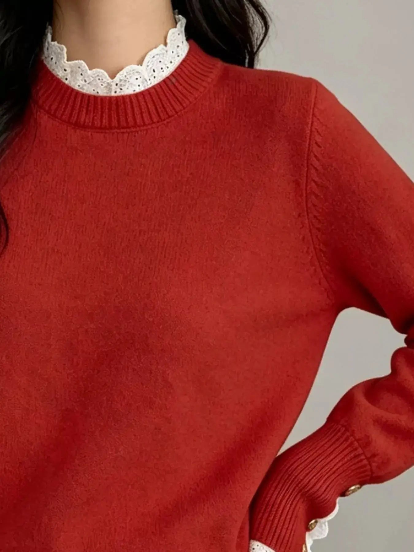 Lace Trim Mock Neck Sweater by Trendsi