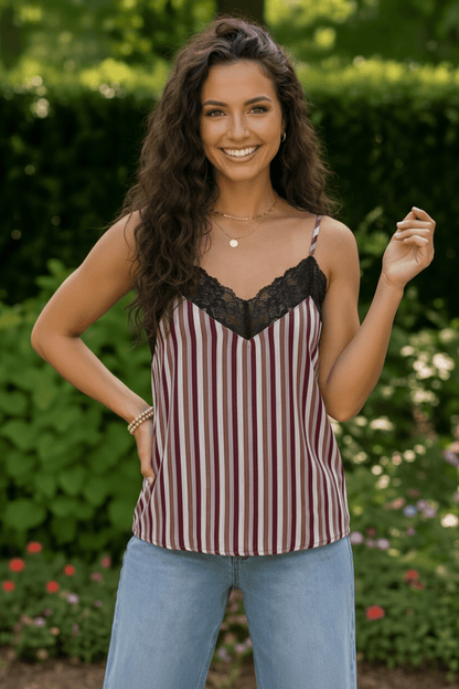 Lace Trim Striped Satin Cami - Bitsy Gypsy Boutique