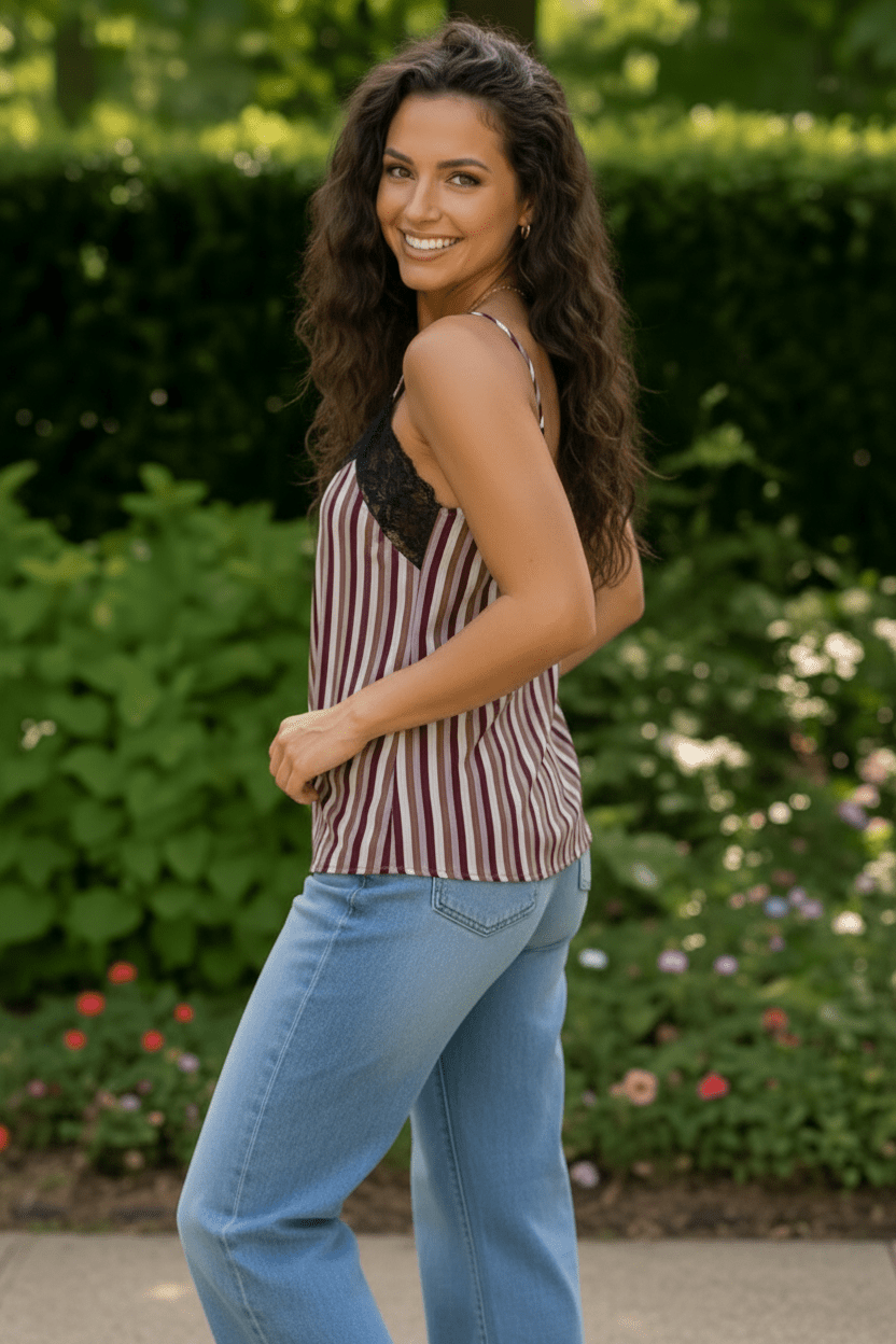 Lace Trim Striped Satin Cami - Bitsy Gypsy Boutique