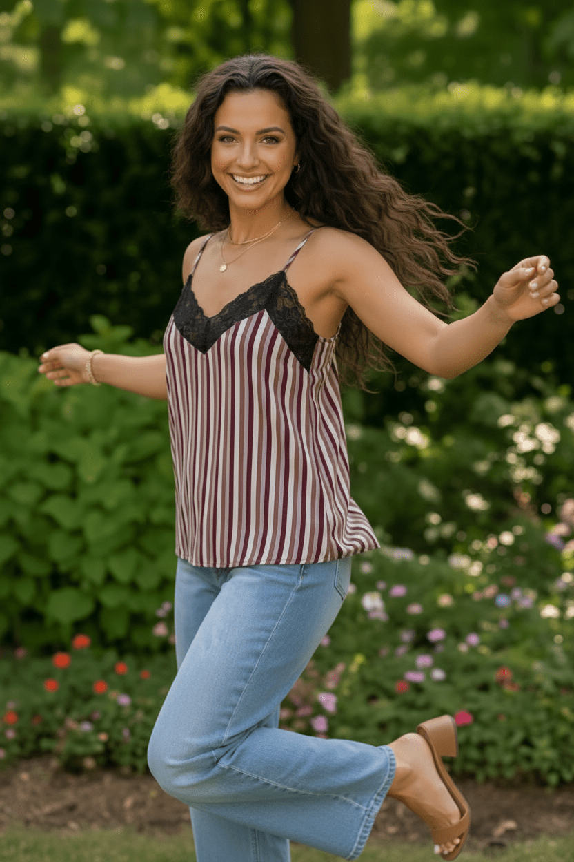 Lace Trim Striped Satin Cami - Bitsy Gypsy Boutique