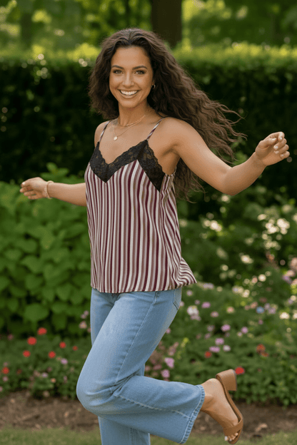 Lace Trim Striped Satin Cami - Bitsy Gypsy Boutique