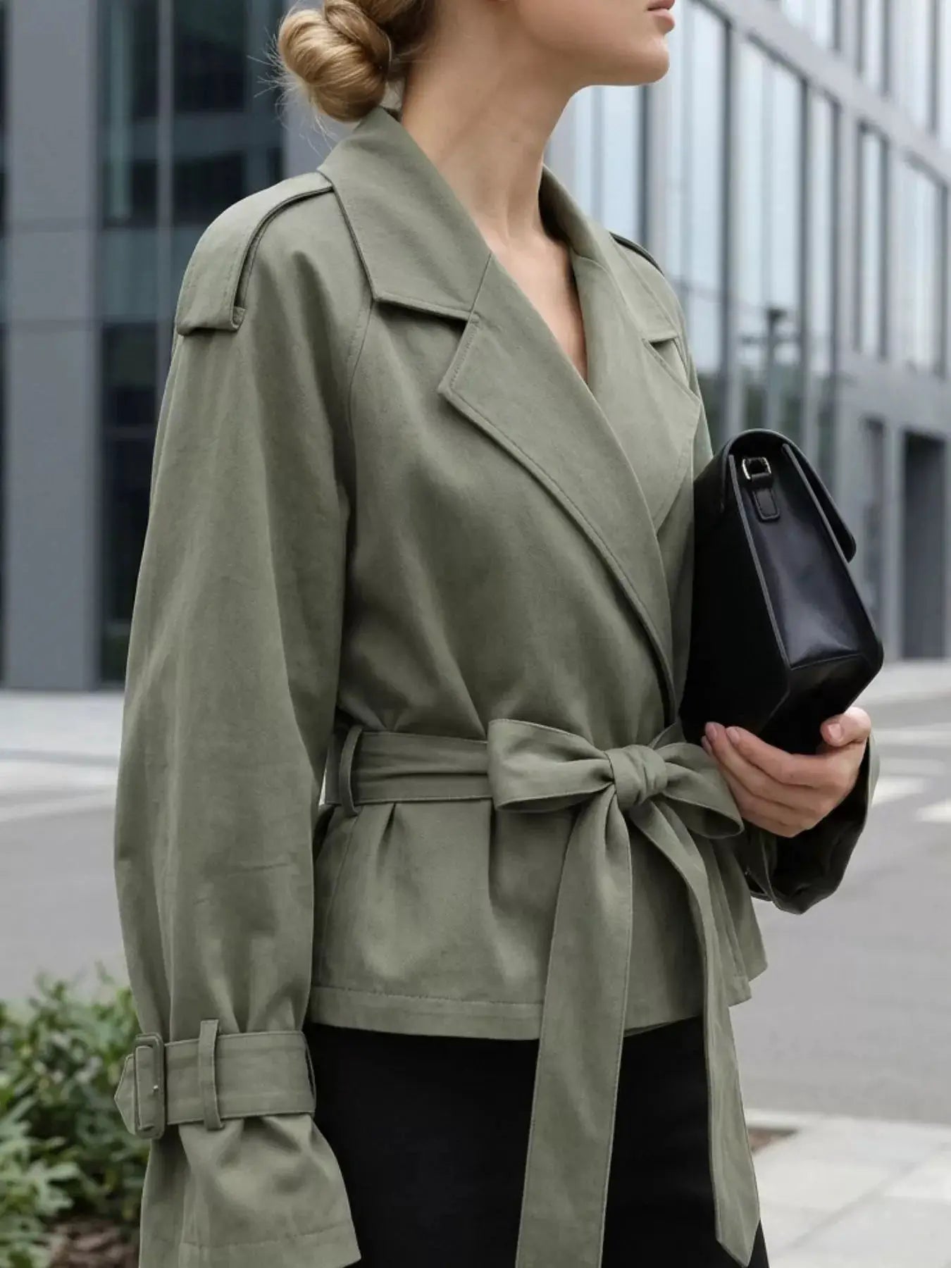 Lapel Collar Belted Cropped Trench by Trendsi