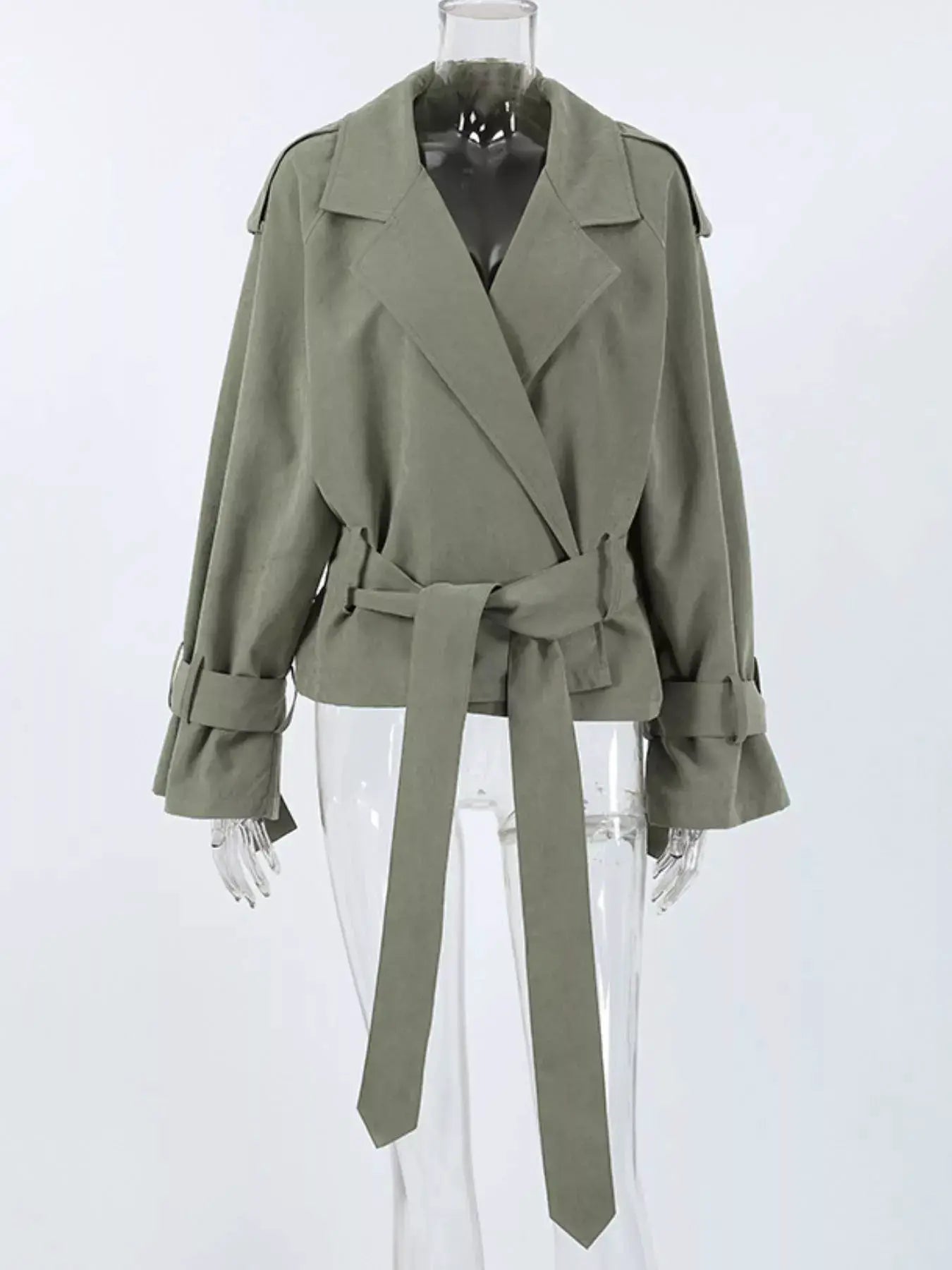 Lapel Collar Belted Cropped Trench by Trendsi