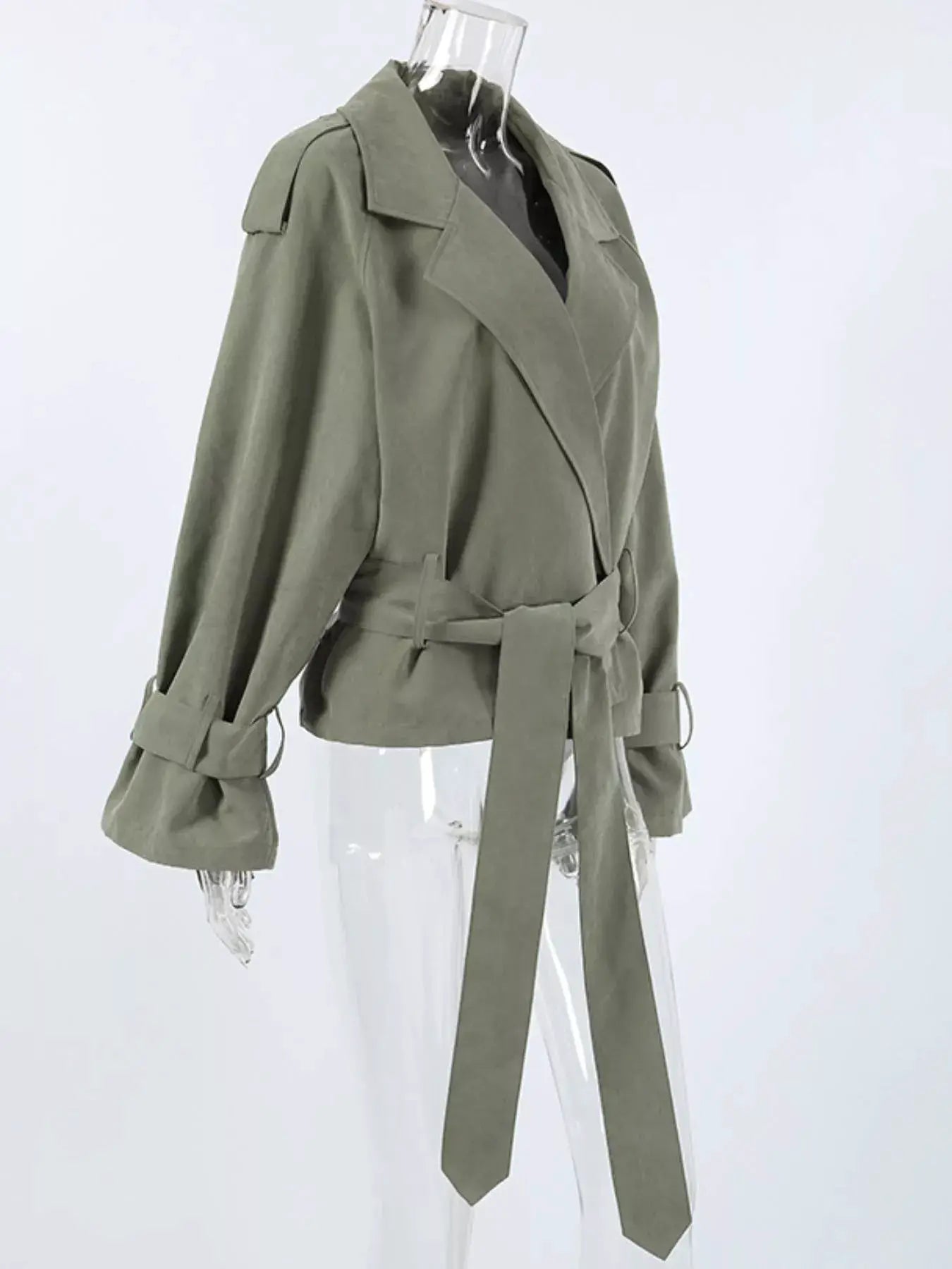 Lapel Collar Belted Cropped Trench by Trendsi
