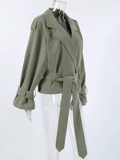 Lapel Collar Belted Cropped Trench by Trendsi