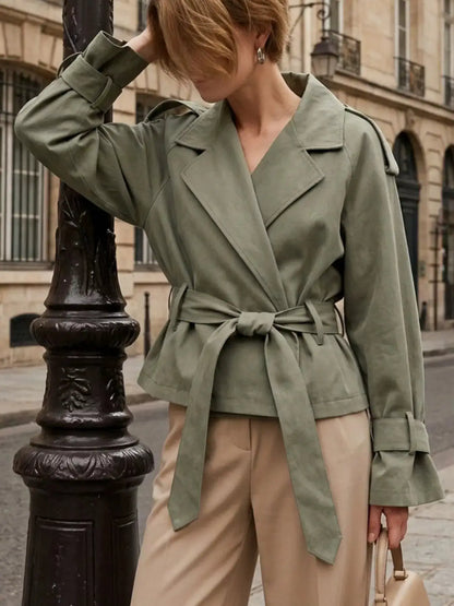 Lapel Collar Belted Cropped Trench by Trendsi