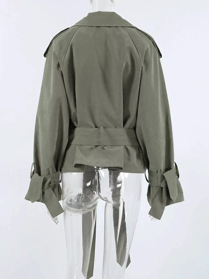Lapel Collar Belted Cropped Trench by Trendsi