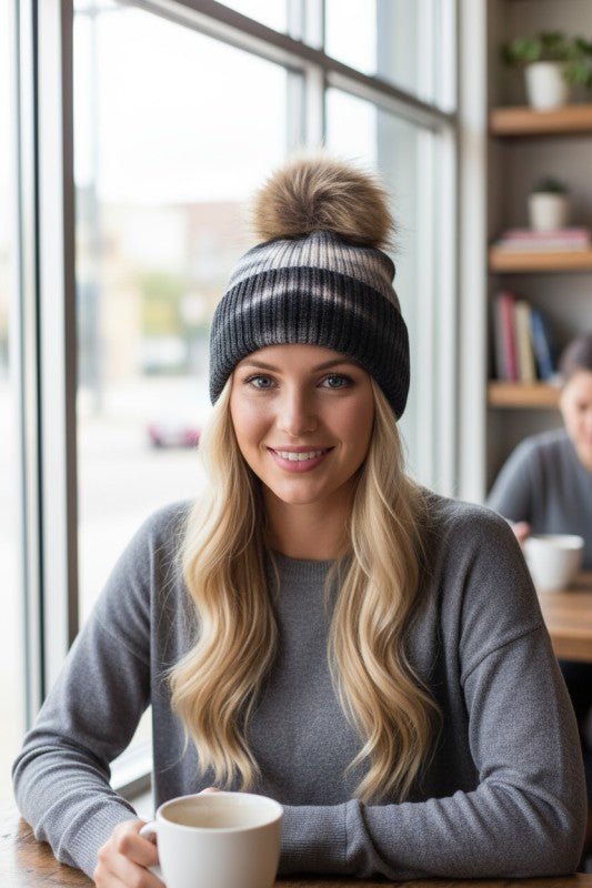 Large Genuine Fur Pom Tie Dyed Beanie - Bitsy Gypsy Boutique