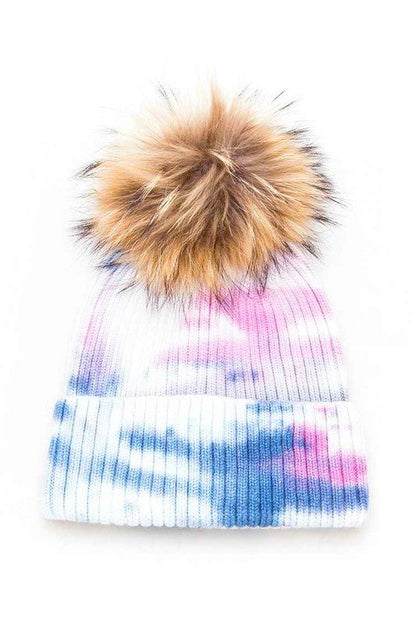 Large Genuine Fur Pom Tie Dyed Beanie - Bitsy Gypsy Boutique