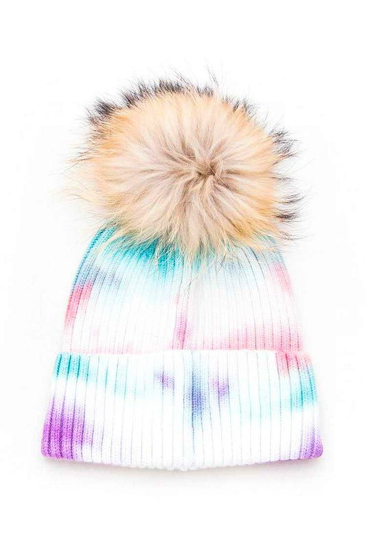 Large Genuine Fur Pom Tie Dyed Beanie - Bitsy Gypsy Boutique