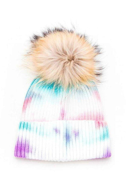 Large Genuine Fur Pom Tie Dyed Beanie - Bitsy Gypsy Boutique
