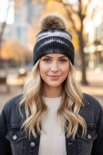 Large Genuine Fur Pom Tie Dyed Beanie - Bitsy Gypsy Boutique