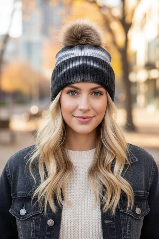 Large Genuine Fur Pom Tie Dyed Beanie - Bitsy Gypsy Boutique