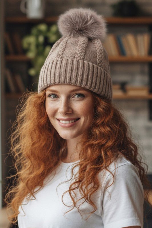 Large Genuine Fur PomPom Cashmere Beanie - Bitsy Gypsy Boutique