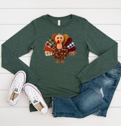Latchwork Turkey Thanksgiving Long Sleeve Tee Top - Bitsy Gypsy Boutique