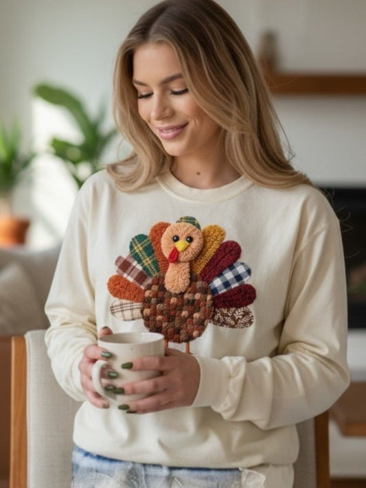 Latchwork Turkey Thanksgiving Long Sleeve Tee Top - Bitsy Gypsy Boutique