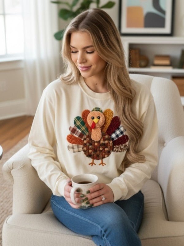 Latchwork Turkey Thanksgiving Long Sleeve Tee Top - Bitsy Gypsy Boutique