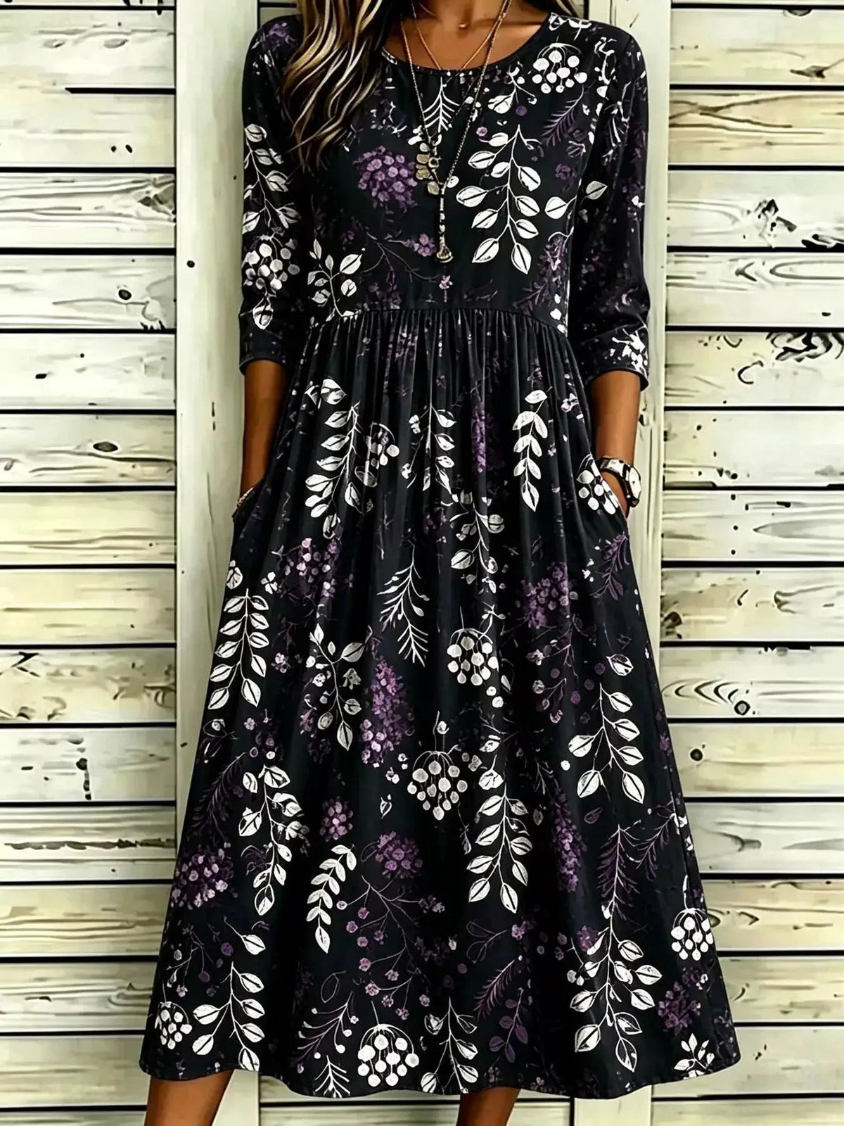 Lavender Floral Print Ruched Midi Dress With Pockets - Bitsy Gypsy Boutique