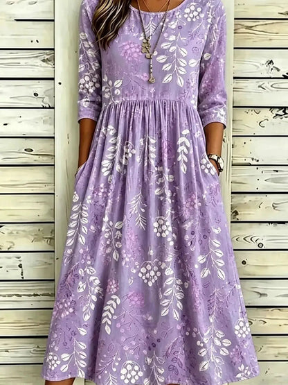 Lavender Floral Print Ruched Midi Dress With Pockets - Bitsy Gypsy Boutique