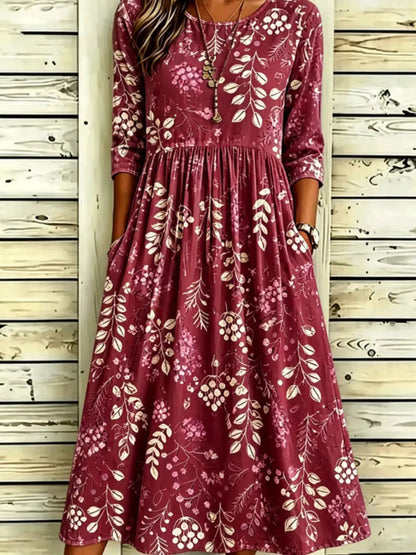 Lavender Floral Print Ruched Midi Dress With Pockets - Bitsy Gypsy Boutique