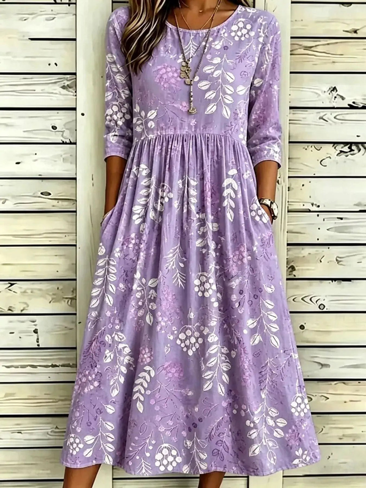 Lavender Floral Print Ruched Midi Dress With Pockets - Bitsy Gypsy Boutique