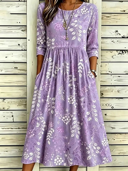 Lavender Floral Print Ruched Midi Dress With Pockets - Bitsy Gypsy Boutique