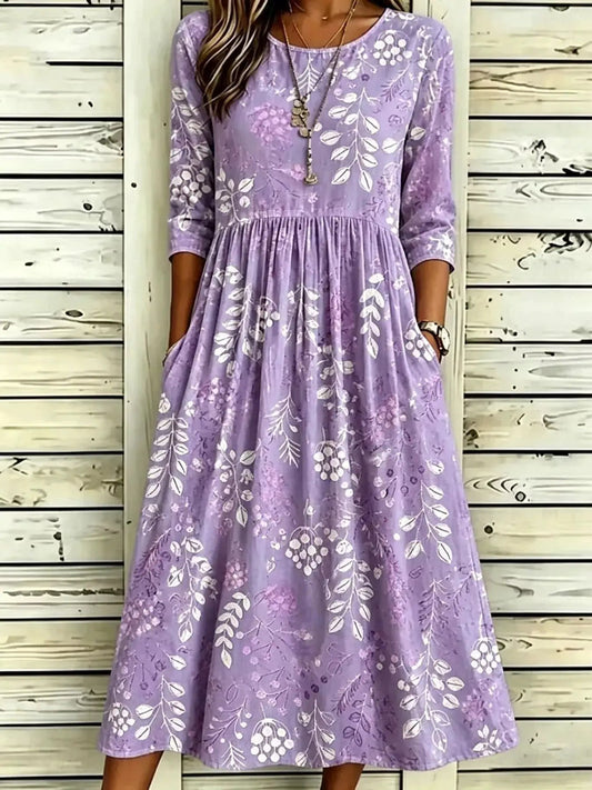 Lavender Floral Print Ruched Midi Dress With Pockets - Bitsy Gypsy Boutique