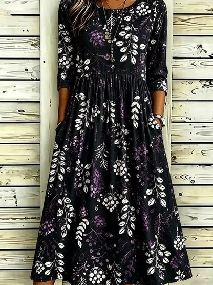 Lavender Floral Print Ruched Midi Dress With Pockets - Bitsy Gypsy Boutique
