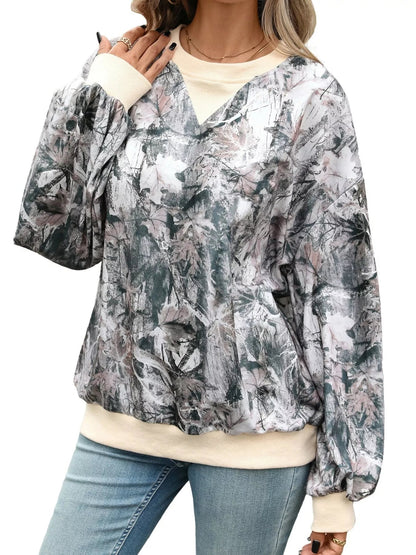 Leaf Print Sweatshirt with Contrasting Trim - Bitsy Gypsy Boutique