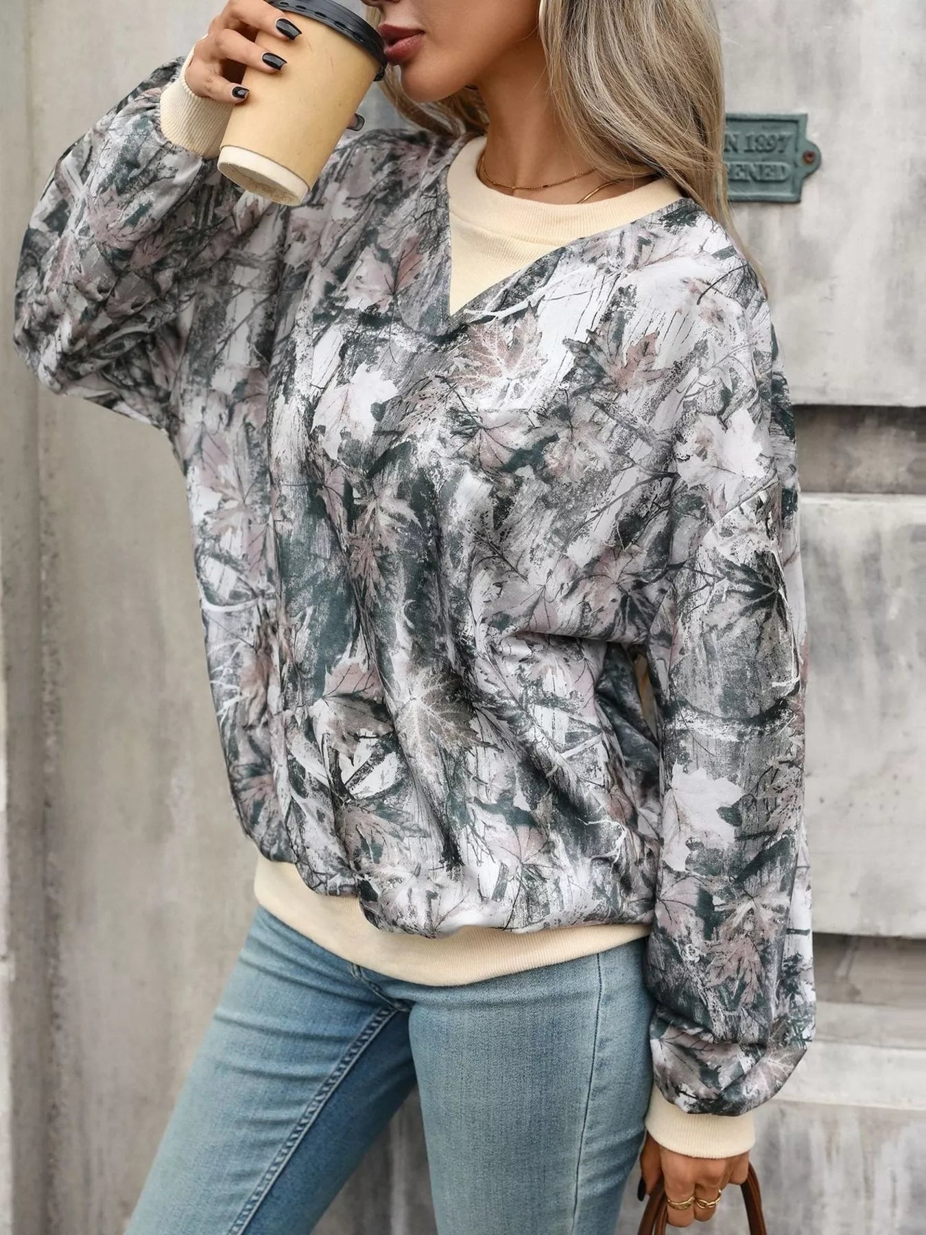 Leaf Print Sweatshirt with Contrasting Trim - Bitsy Gypsy Boutique