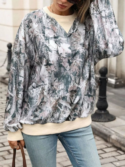 Leaf Print Sweatshirt with Contrasting Trim - Bitsy Gypsy Boutique