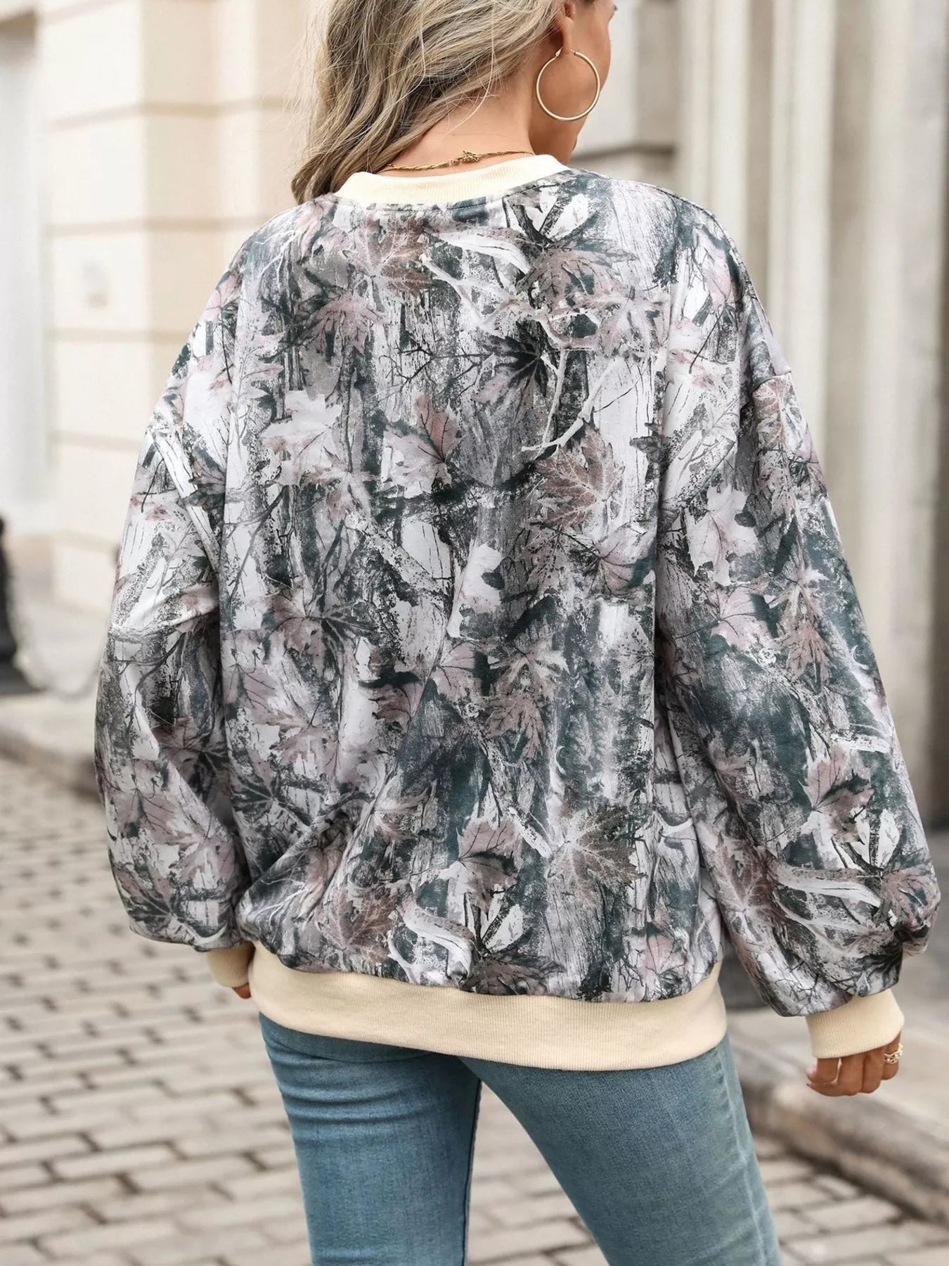 Leaf Print Sweatshirt with Contrasting Trim - Bitsy Gypsy Boutique