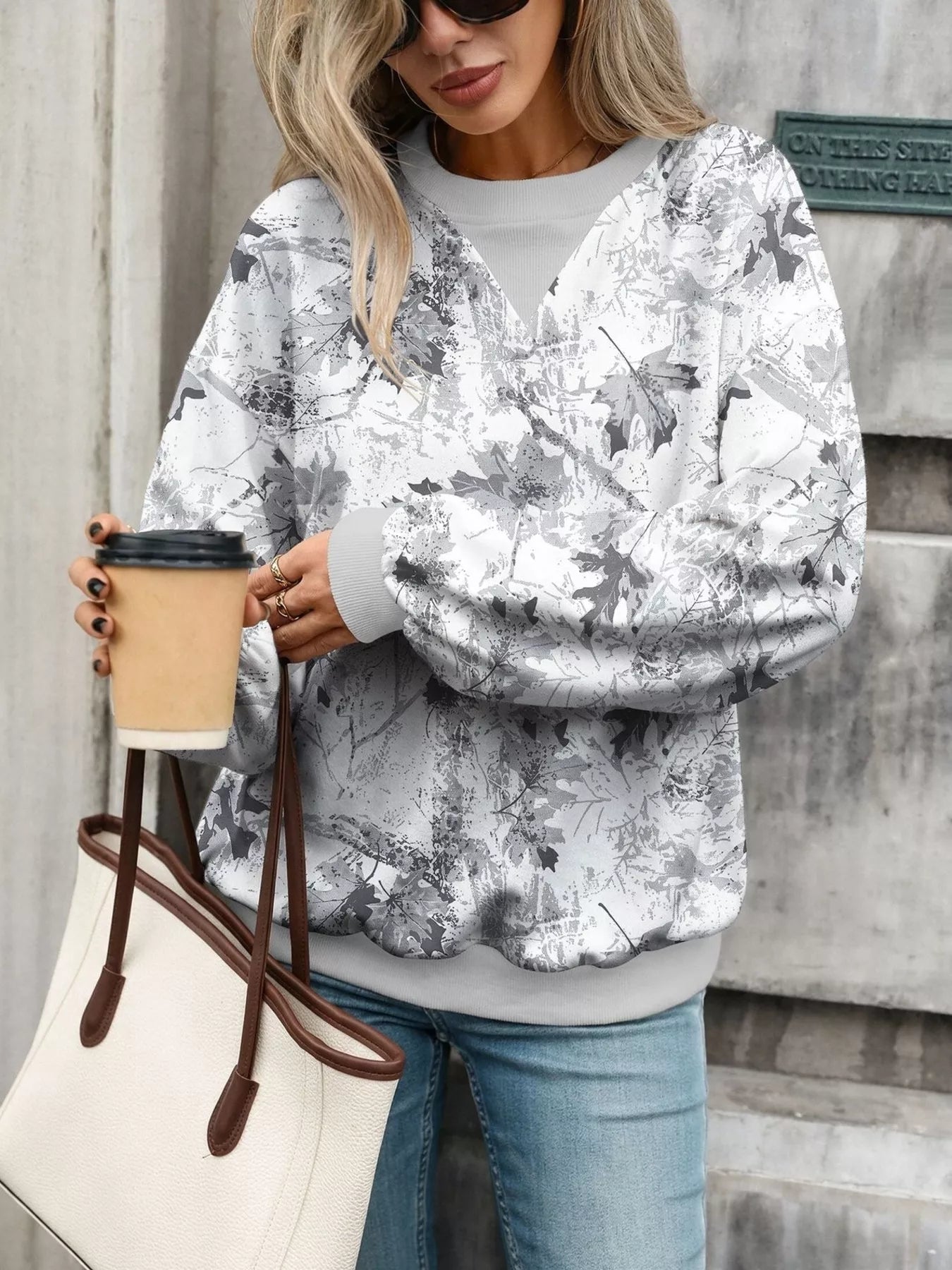 Leaf Print Sweatshirt with Contrasting Trim - Bitsy Gypsy Boutique