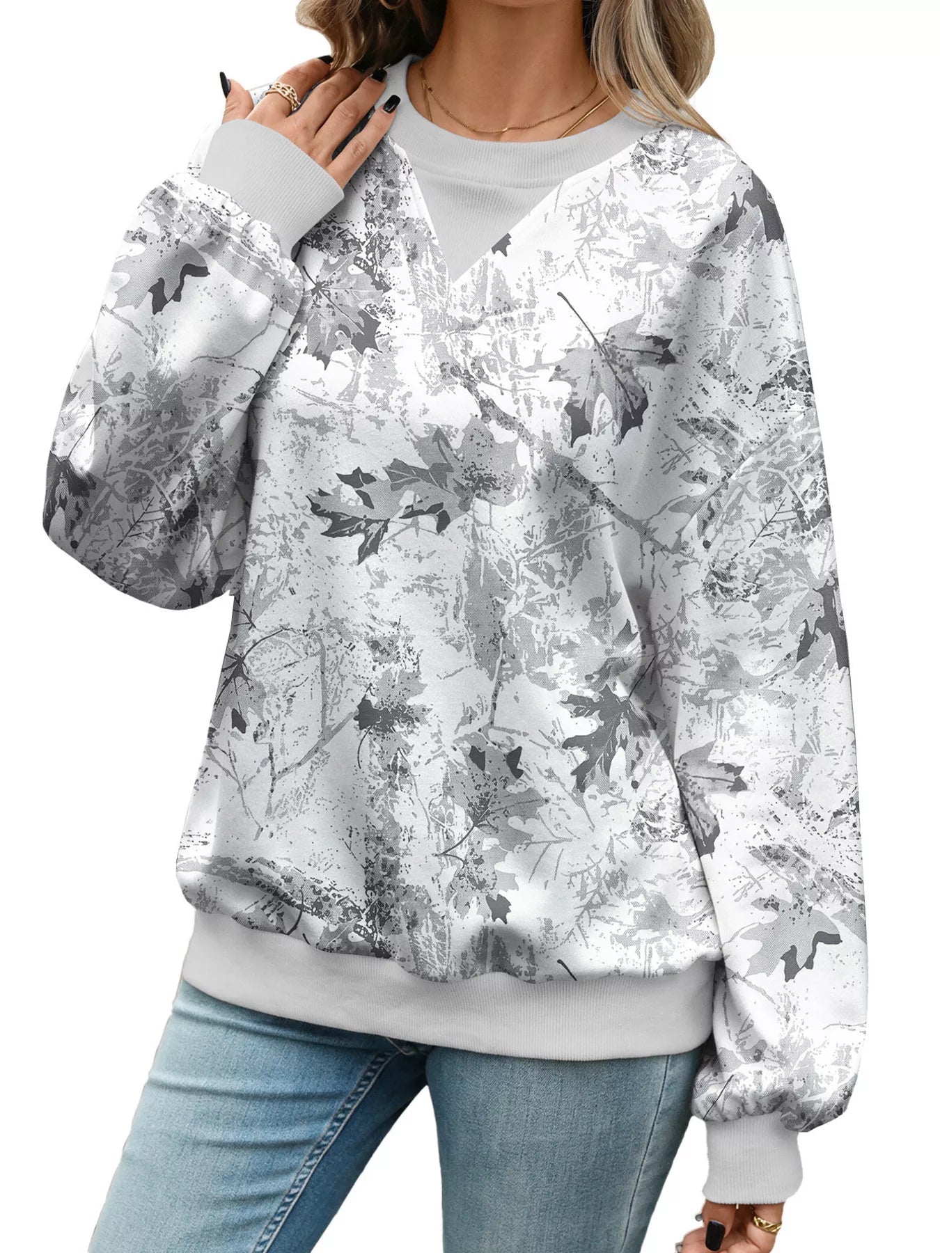 Leaf Print Sweatshirt with Contrasting Trim - Bitsy Gypsy Boutique