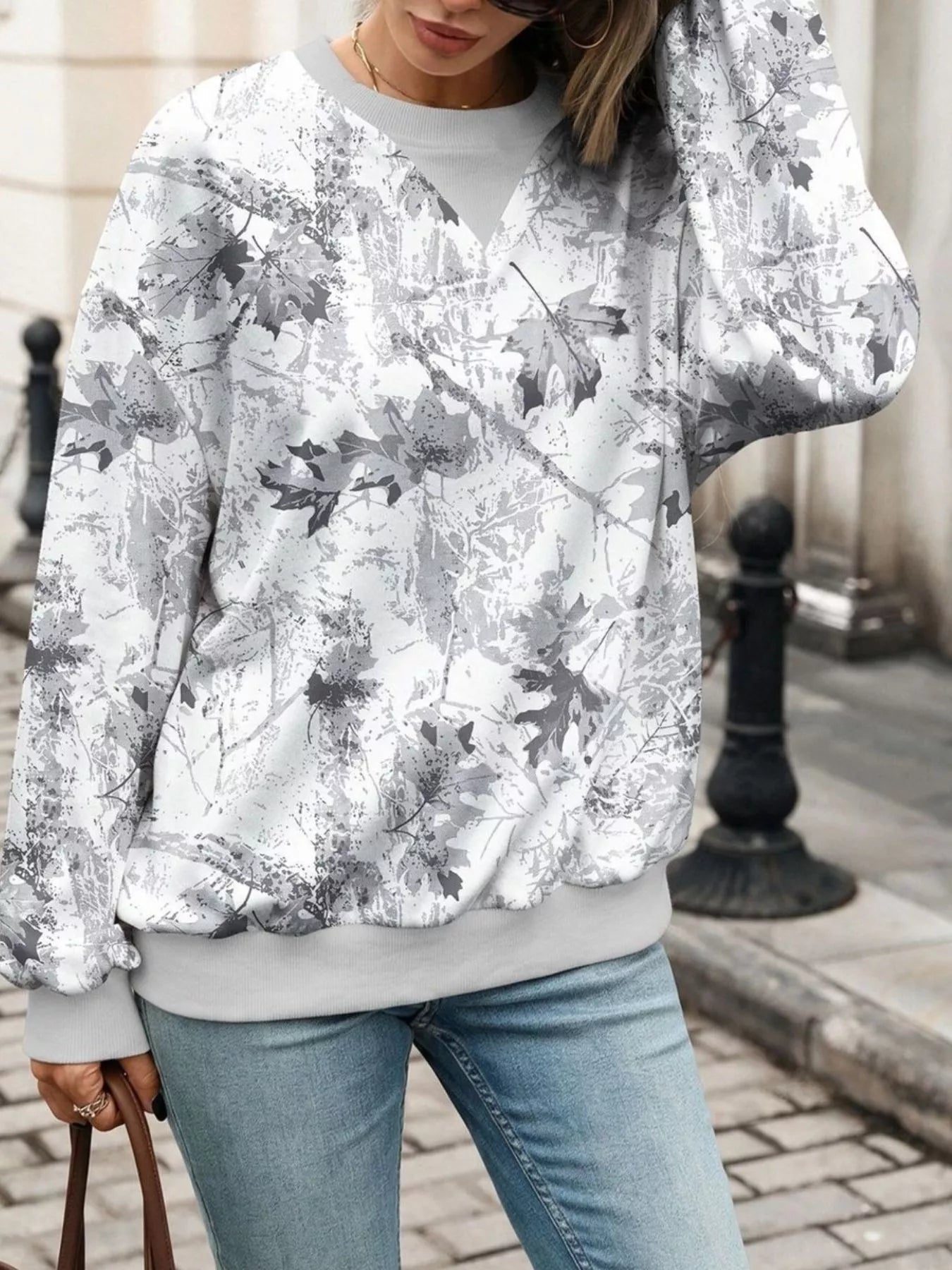 Leaf Print Sweatshirt with Contrasting Trim - Bitsy Gypsy Boutique