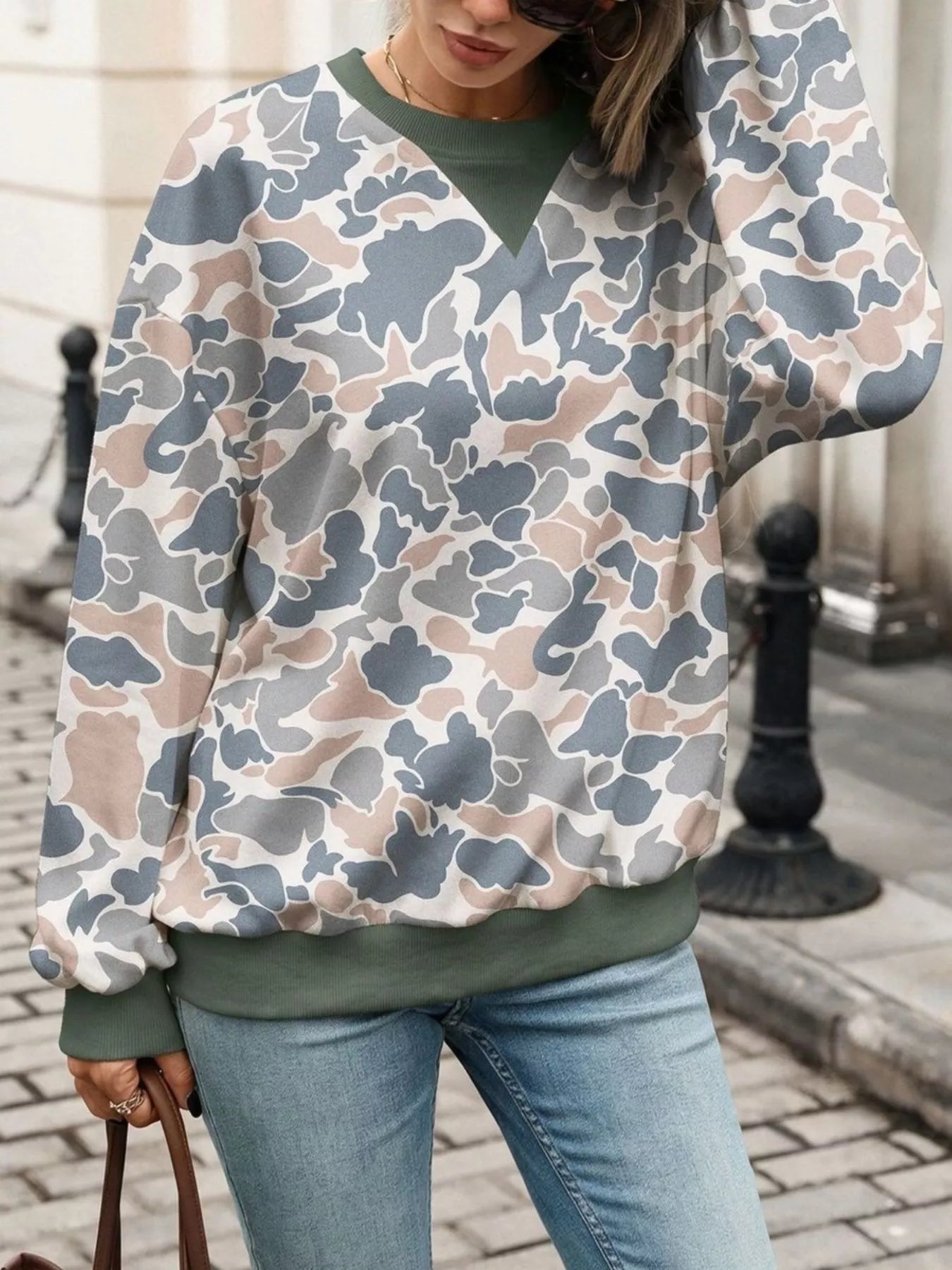 Leaf Print Sweatshirt with Contrasting Trim - Bitsy Gypsy Boutique