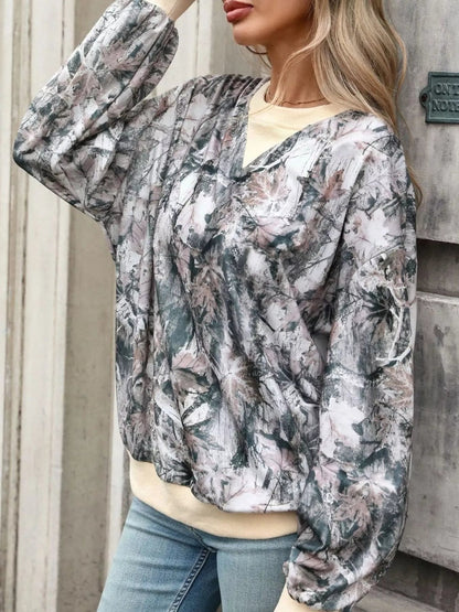 Leaf Print Sweatshirt with Contrasting Trim - Bitsy Gypsy Boutique