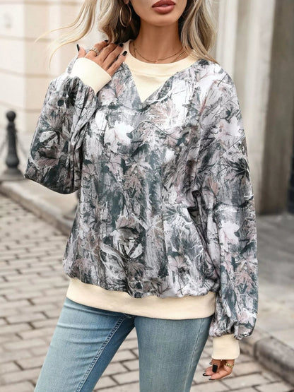 Leaf Print Sweatshirt with Contrasting Trim - Bitsy Gypsy Boutique