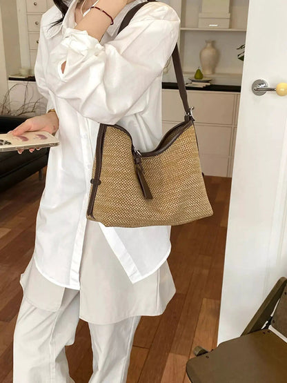 Leather Trim Woven Shoulder Bag - Bitsy Gypsy Boutique