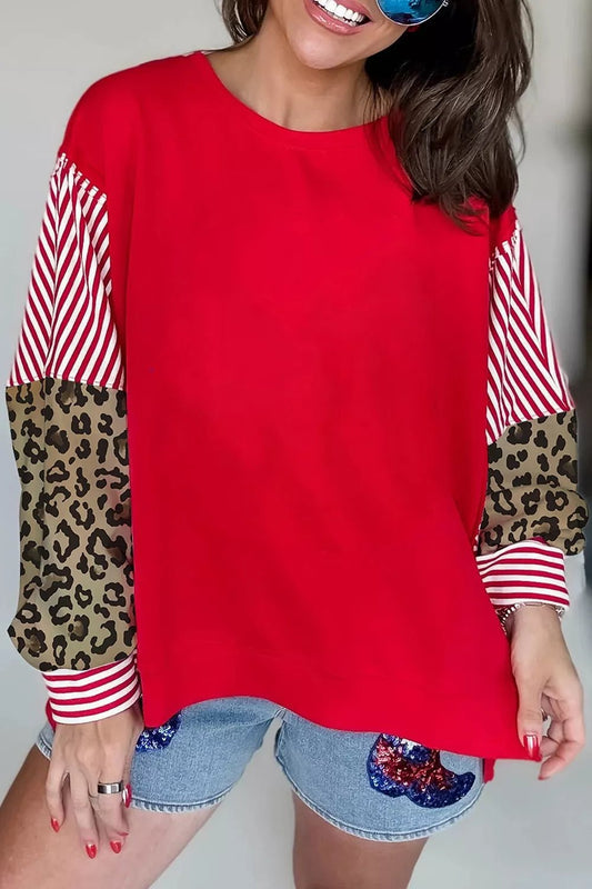 Leopard and Striped Patchwork Sleeves Sweatshirt - Bitsy Gypsy Boutique