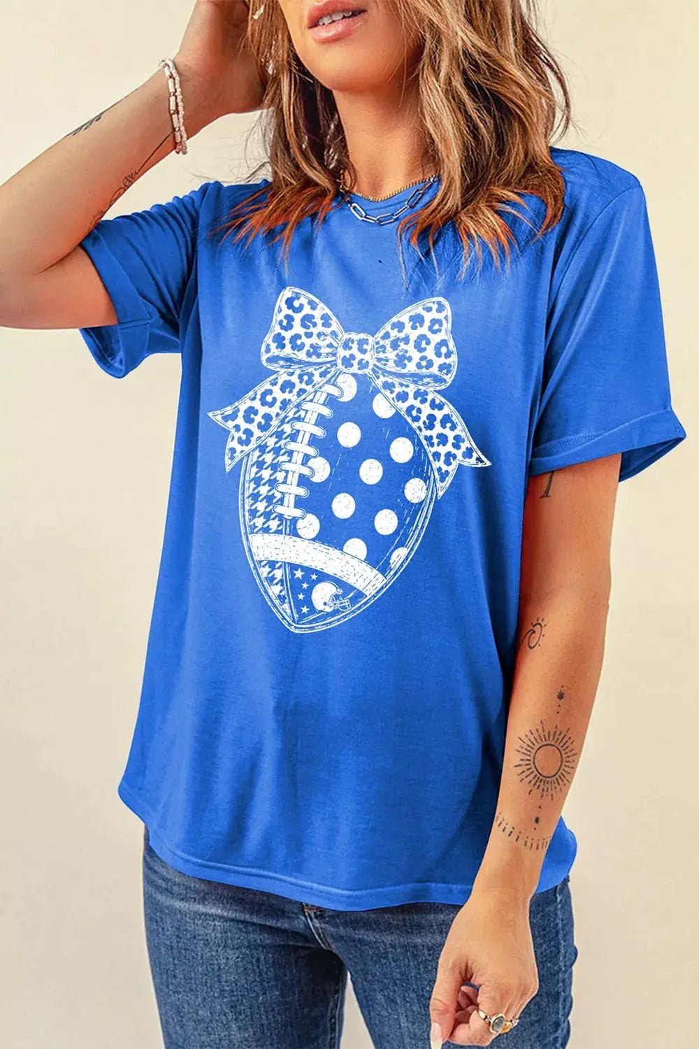Leopard Bow Polka Dot Football Graphic Game Day T Shirt - Bitsy Gypsy Boutique