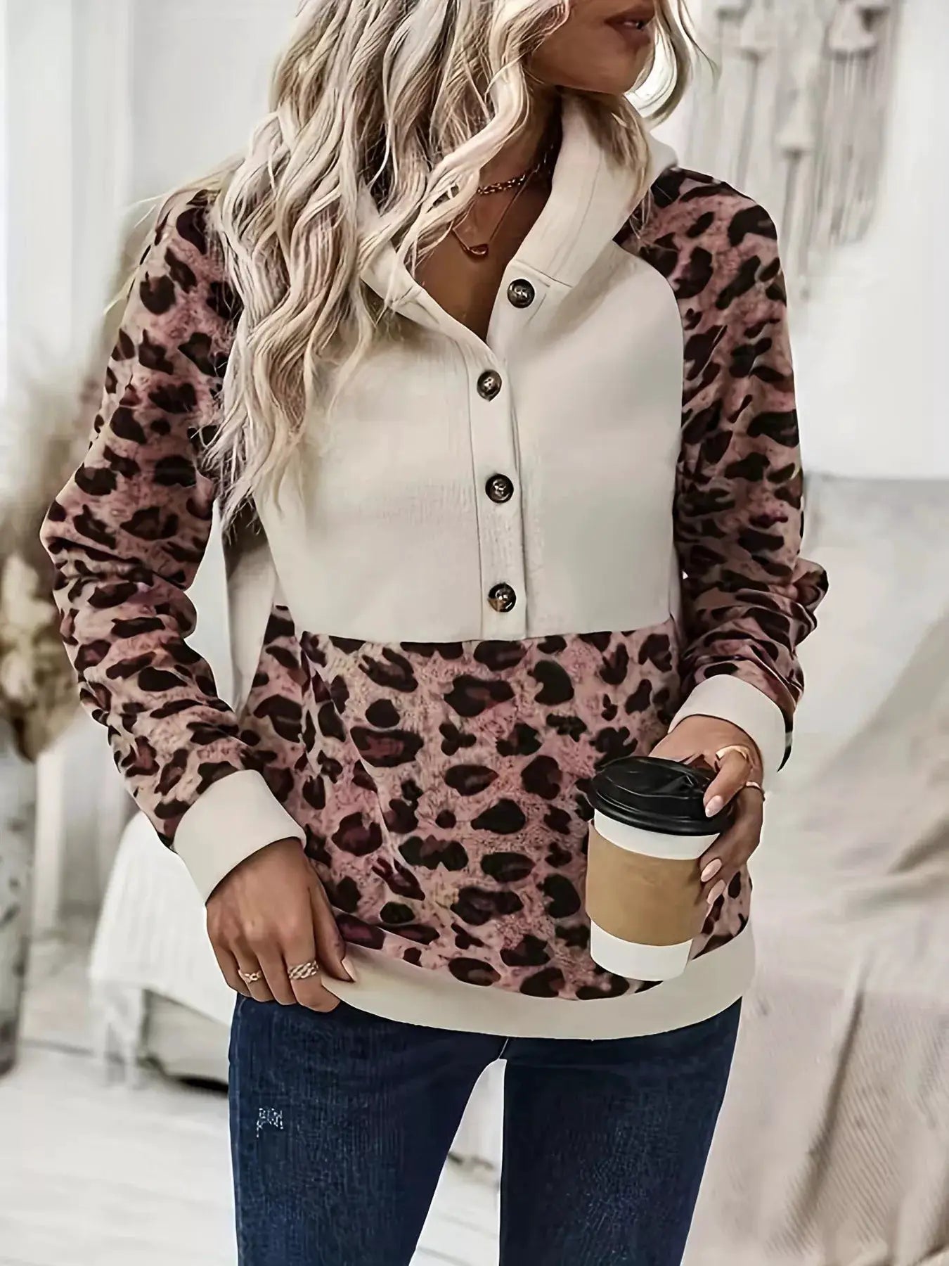 Leopard Button Detail Hoodie - Bitsy Gypsy Boutique
