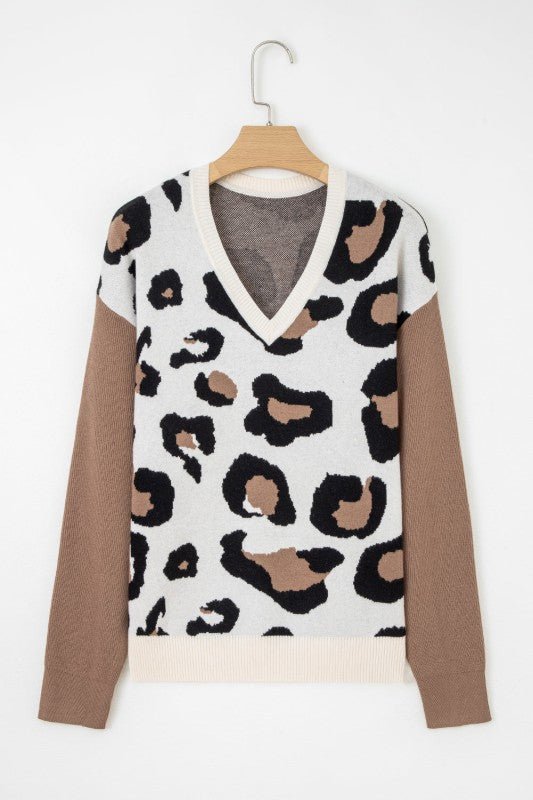 Leopard Colorblock Drop Shoulder V - Neck Sweater - Bitsy Gypsy Boutique