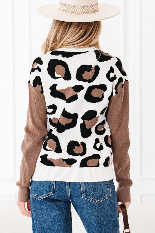 Leopard Colorblock Drop Shoulder V - Neck Sweater - Bitsy Gypsy Boutique