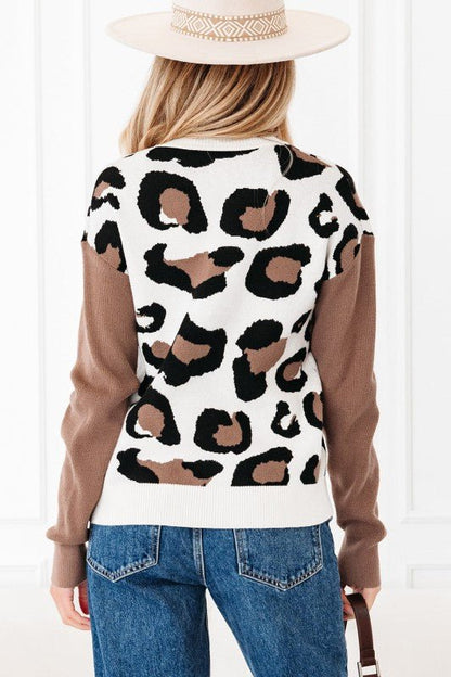 Leopard Colorblock Drop Shoulder V - Neck Sweater - Bitsy Gypsy Boutique