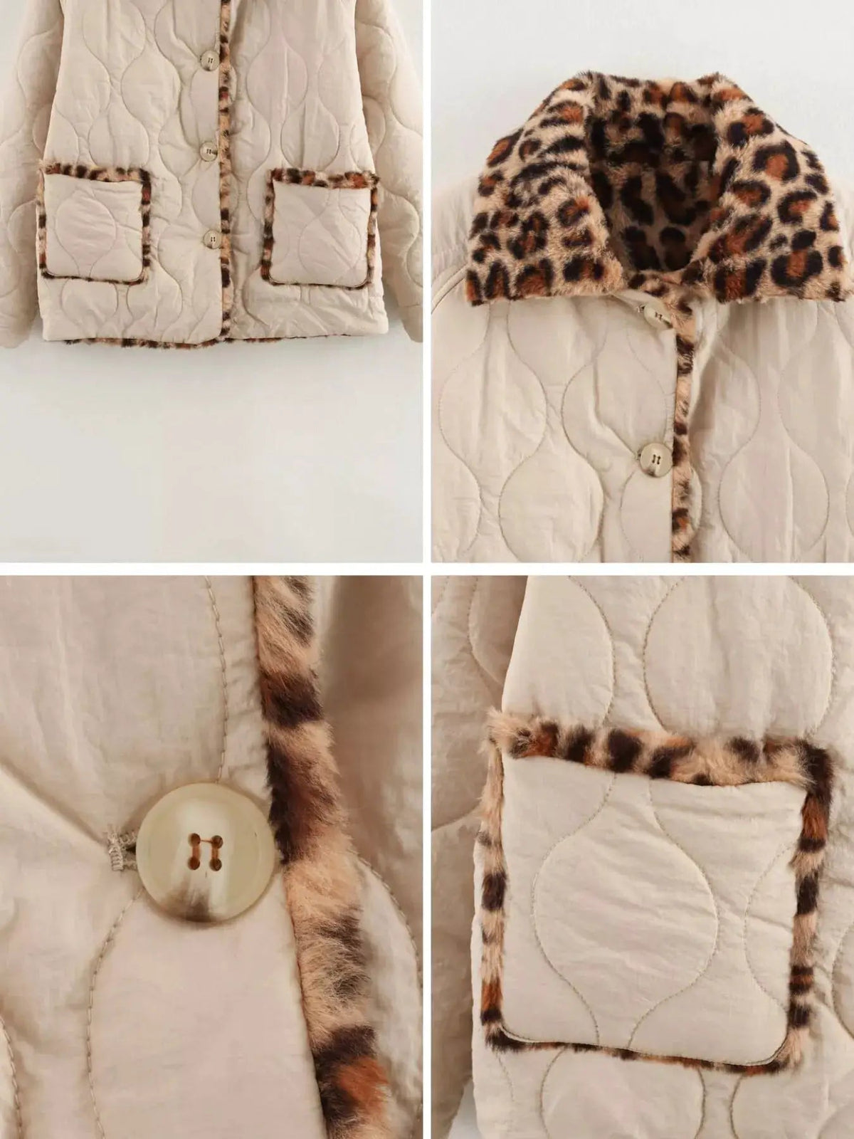 Leopard Faux Fur Trim Beige Quilted Jacket - Bitsy Gypsy Boutique