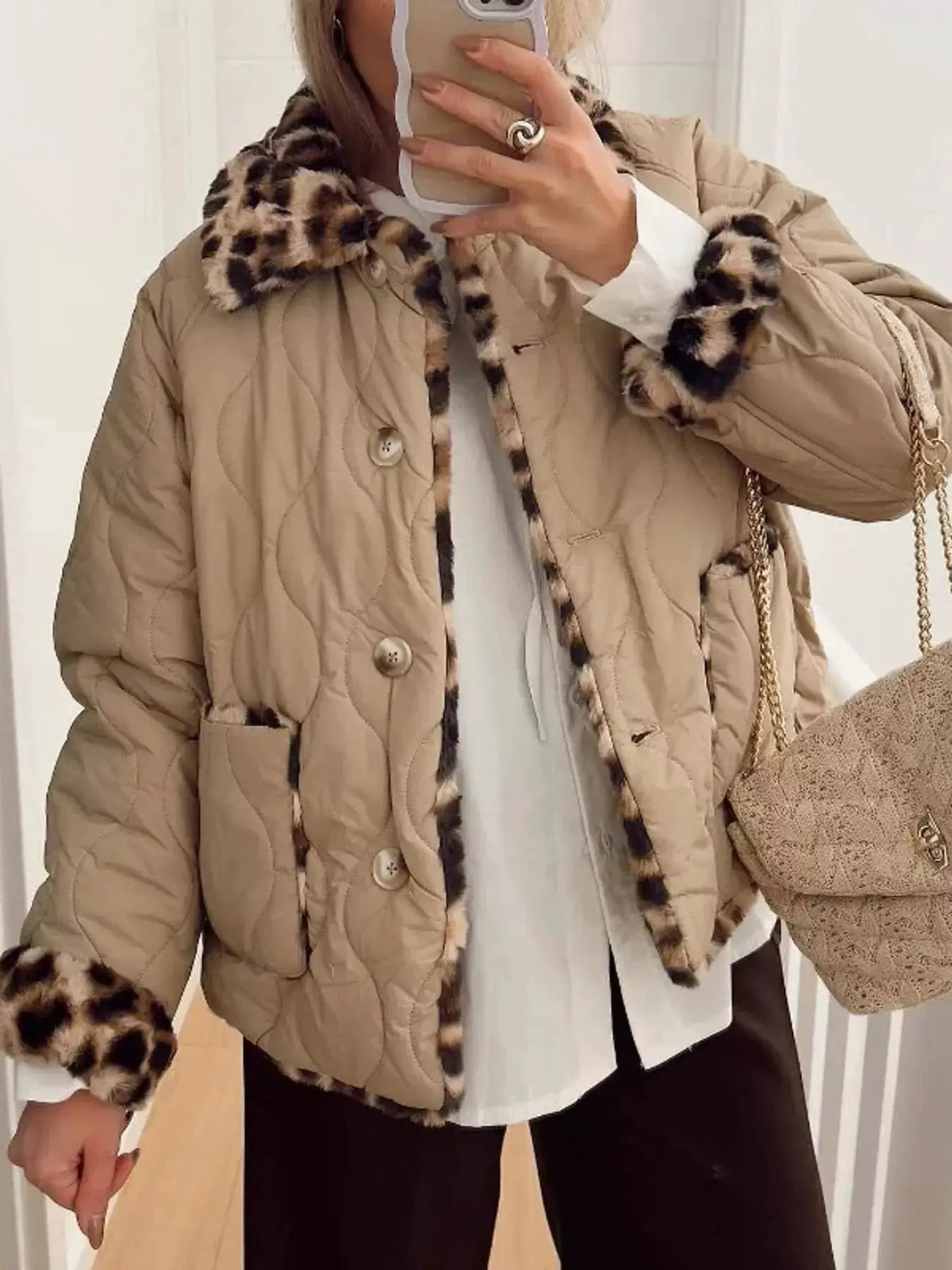 Leopard Faux Fur Trim Beige Quilted Jacket - Bitsy Gypsy Boutique