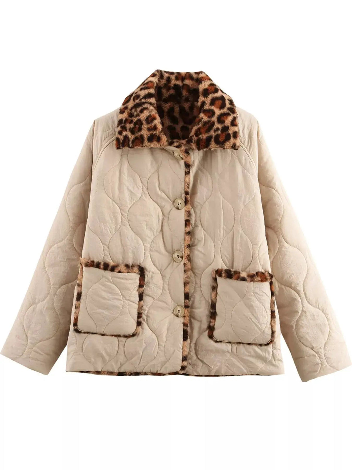 Leopard Faux Fur Trim Beige Quilted Jacket - Bitsy Gypsy Boutique