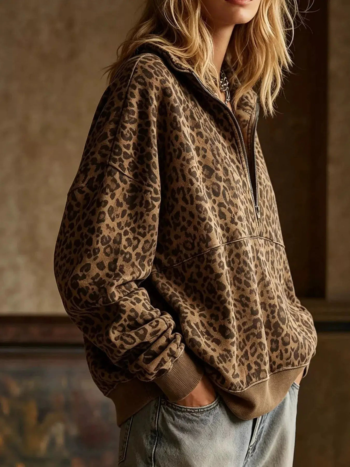 Leopard Half Zip Oversized Sweatshirt - Bitsy Gypsy Boutique